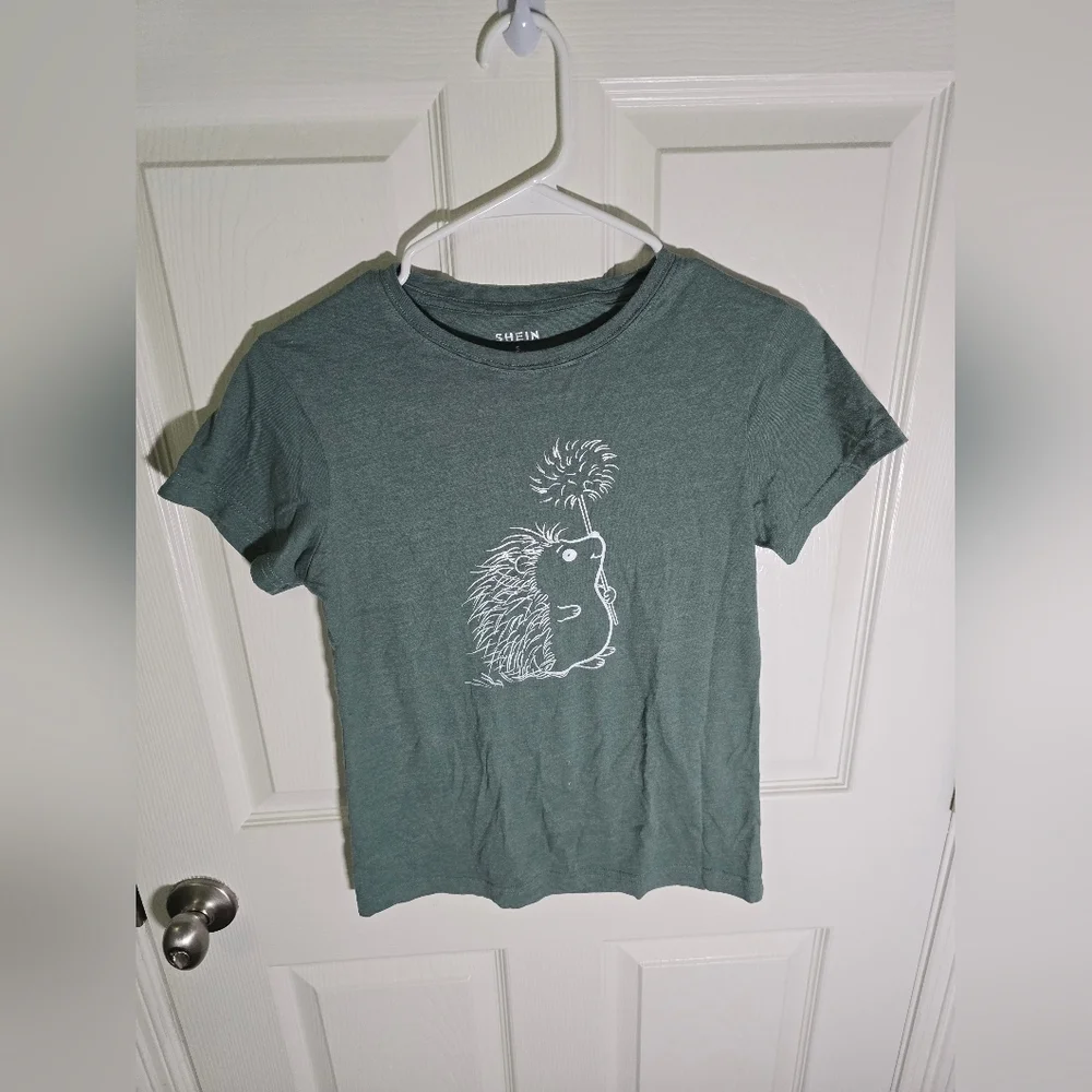 Shein Girls Hedgehog Green Casual Short Sleeve Tee Small
